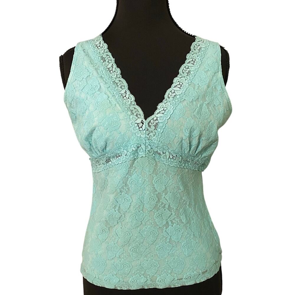 Vintage Y2K Aqua Floral Rose Lace Tank Top Coquette Fairycore Sheer Cami Small